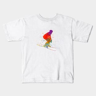 Woman skier skiing jumping  in watercolor Kids T-Shirt